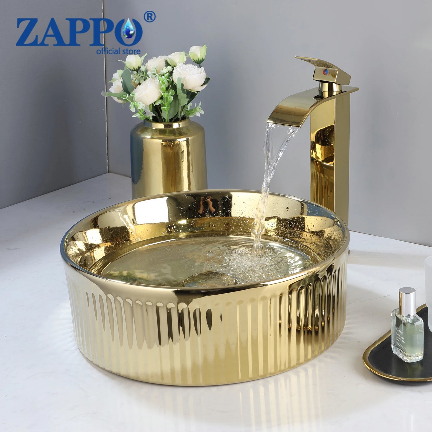 ZAPPO Luxury Gold Vessel Sink Round Ceramic Bathroom Sinks Above Counter Washing Sink Faucet Combo with Drain Deck Basin Sinks