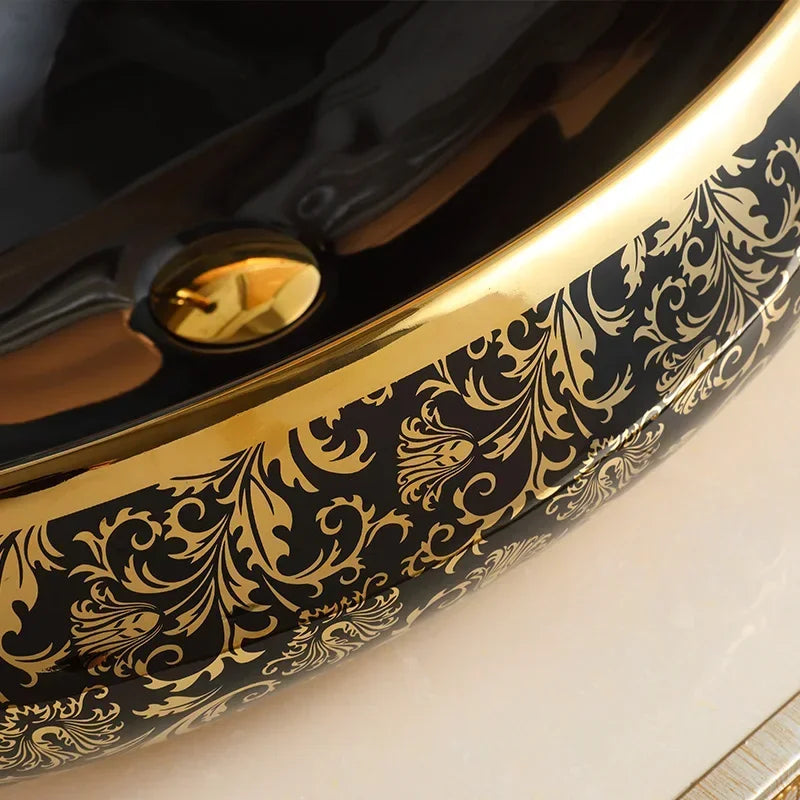 Luxury royal vintage vanities table counter top oval ceramic bathroom vessel sink gold and black hand wash art basin