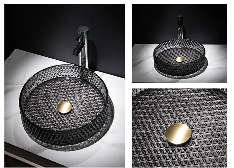 Black Round Diamond Glass Countertop Basin Crystal  Sink Bathroom  Luxury Clear   Washbasin Vanity Set