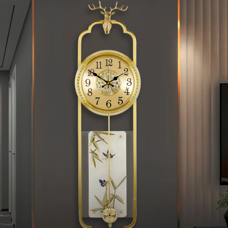 Wall clock, Chinese style light luxury pure brass living room wall clock, European retro creative art, atmospheric pendulum