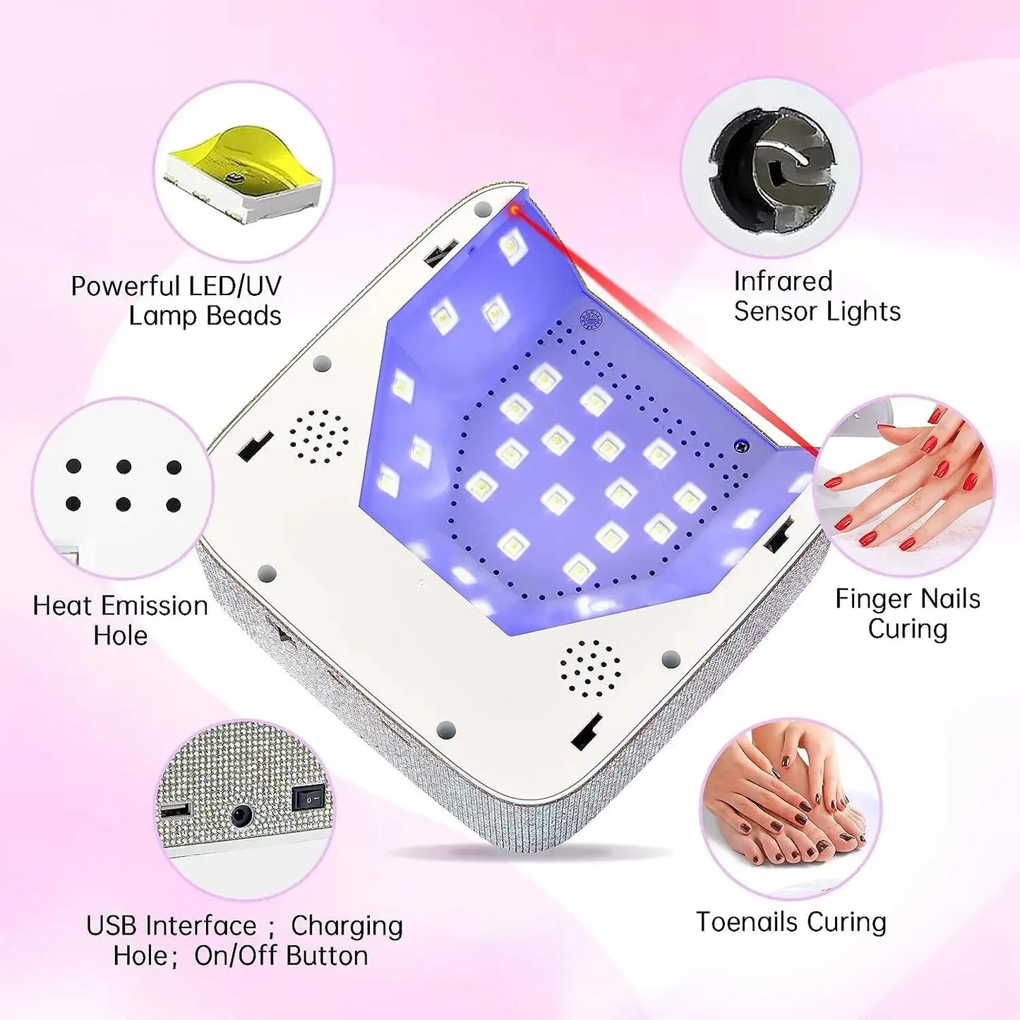 Rechargeable Nail Lamp Professional UV Led Lamp With Diamonds Elements Gel Polish Nail Drying for Nail Polish Manicure Tools