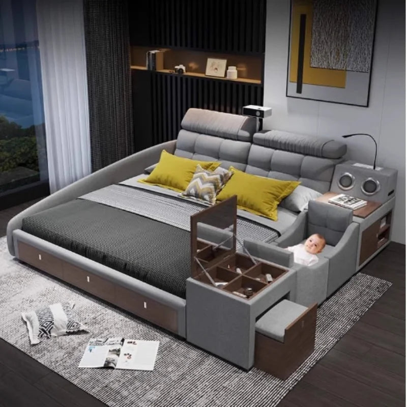 King Size Headboard Multifunctional Bed Wooden Pretty Luxury Frame Double Bed Storage Modern Cama Matrimonial Bedroom Furniture