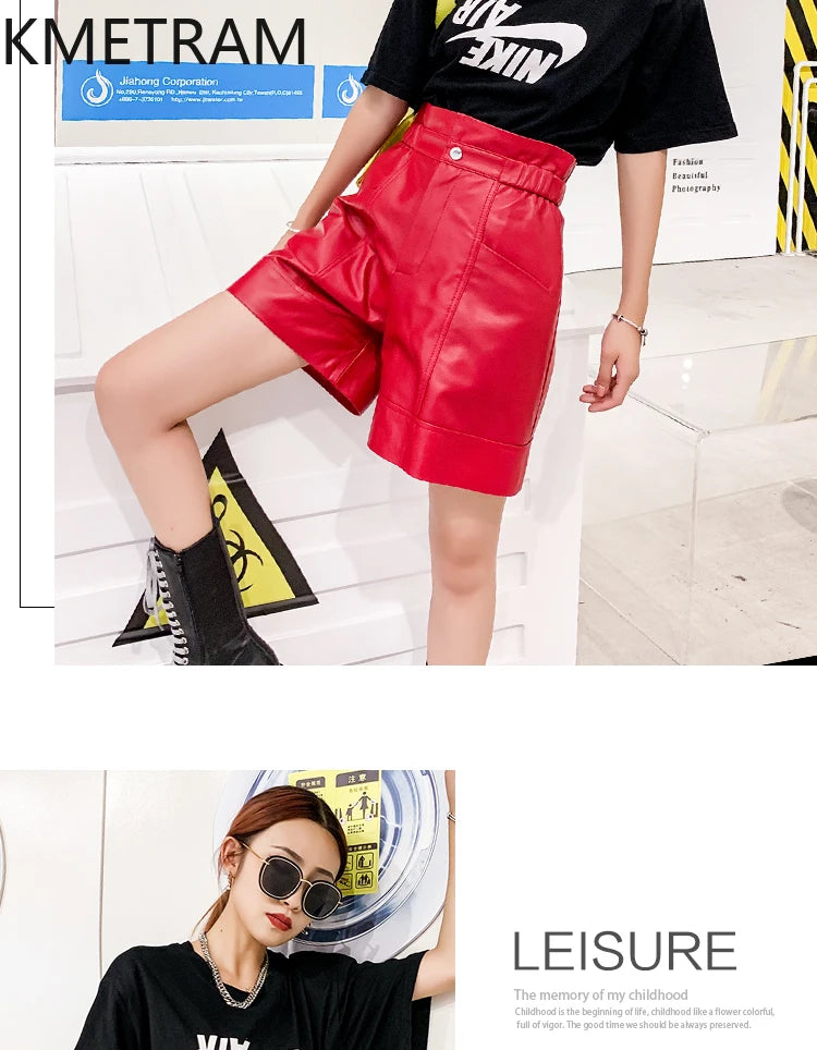 KMETRAM Sheepskin Real Leather Shorts Autumn Winter Women's Shorts High Waist Loose Trousers A-line Shorts Women Шорты Женский