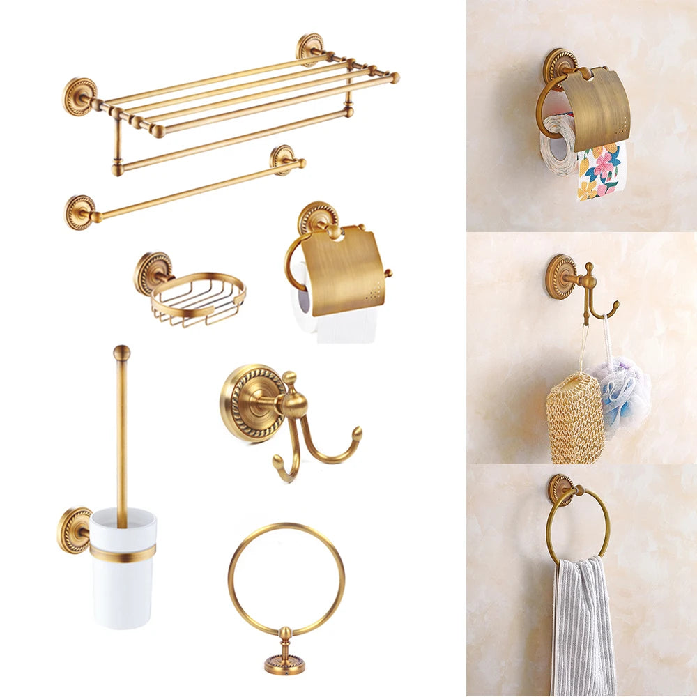 7PCs Copper Bathroom Wall Mount Pendant Set Toilet Hardware Pendant Towel Rack Combination Hanger Hook Paper/Brush Holder Shelf