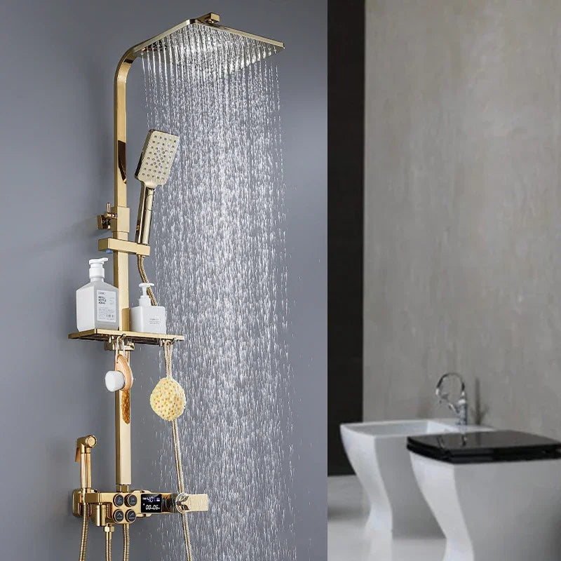 Gold Digital Shower Faucet System Bathroom Hot Cold Thermostatic Bath Set Wall Mount SPA Mixer Rain Tap Bathtub Luxury Torneiras