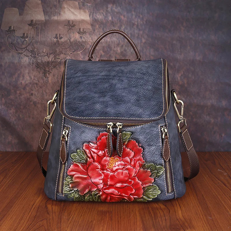 Genuine Cowhide Leather Women Bag Retro Floral High Quality Luxury Backpack For Female 2024 New Large Capacity Travel Backpacks