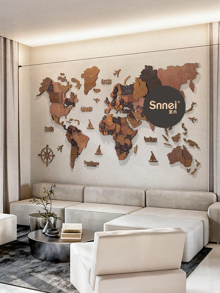 3D Solid Wood Splicing World Map Wall Decoration, Three-Dimensional Crafts, Living Room Background, Office Pendant