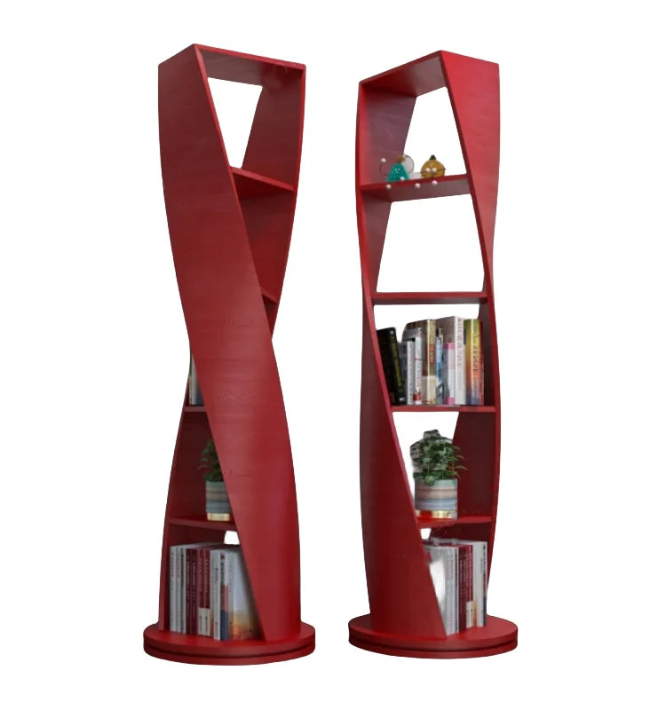 Wine red lacquer bookshelf, solid wood rotating bookshelf, circular storage rack, modern minimalist and irregular decorative