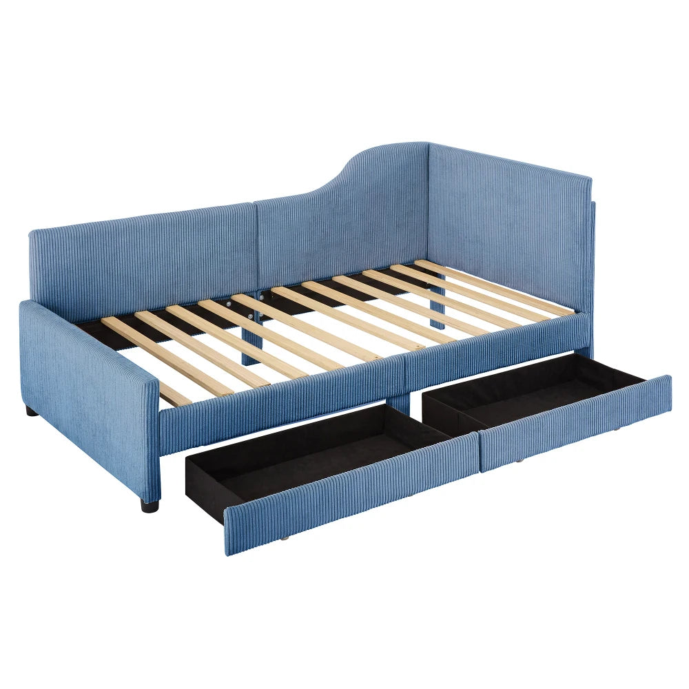 Twin Size Beds, L-Shaped Corduroy Daybed, Upholstered Bed Frame with 2 Storage Drawers, Beds for the Bedroom or Living Room