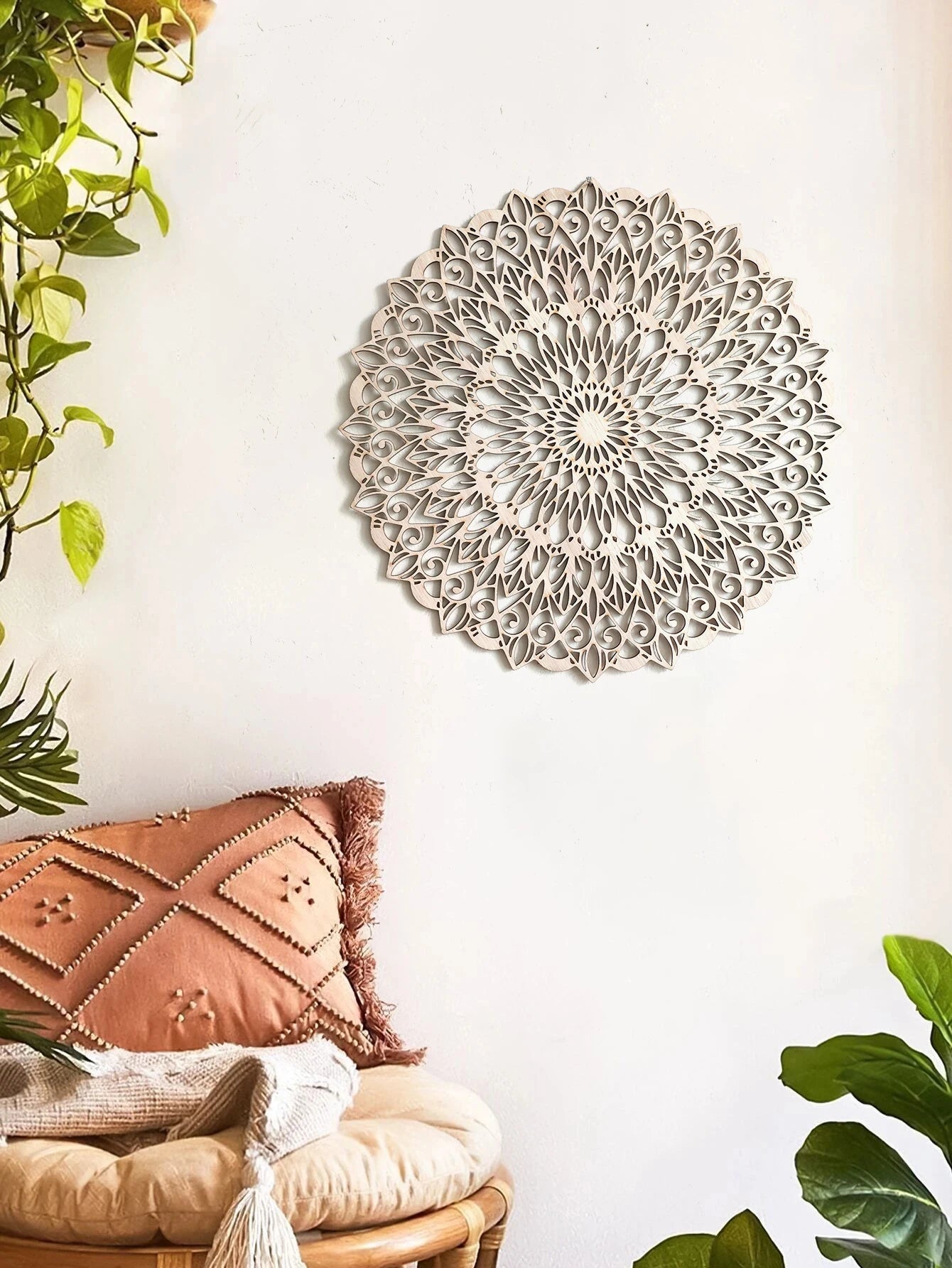 Wooden Mandala Art Wall Hanging Boho Chic Home Decorative White Hanging Wall Decor Crafts for Bedroom Living Room Study Room