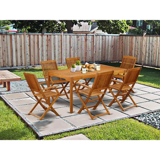 7 Piece Patio Garden Set Consist of a Rectangle Outdoor Acacia Wood Dining Table and 6 Folding Arm Chairs, 36x66 Inch