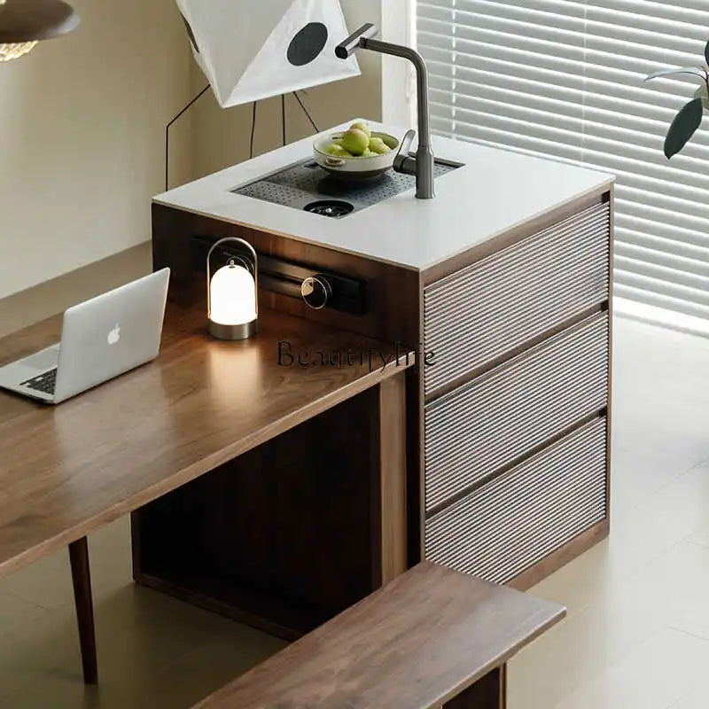 Nordic Black Walnut Kitchen Island Dining Table Integrated with Embedded Sink All Solid Wood Dining Room Furniture