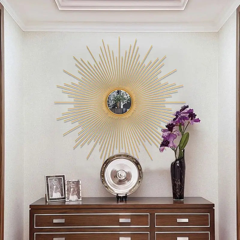 Entrance Wall Pendant Golden Sun Wall Decoration Living Room Wrought Iron Wall Hanging Mirror Decoration