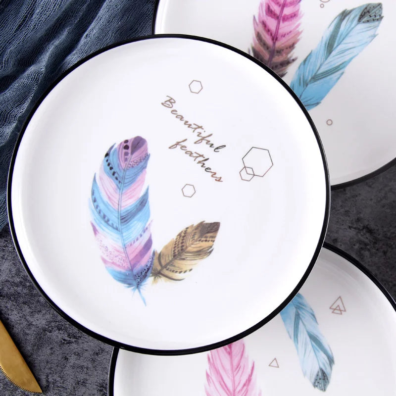 Sale Beautiful Colour Feather Beefsteak Plate Dinner Set Porcelain Western Food Restaurant Salad Dessert Dish Ceramic Pizza Tray