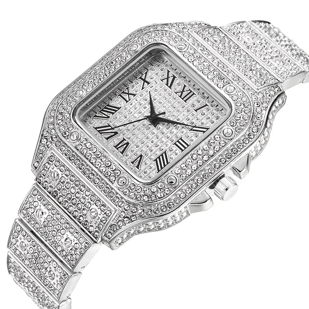 Square Fashion Hip Hop Rhinestone Crystal Watch For Men's Business  Party