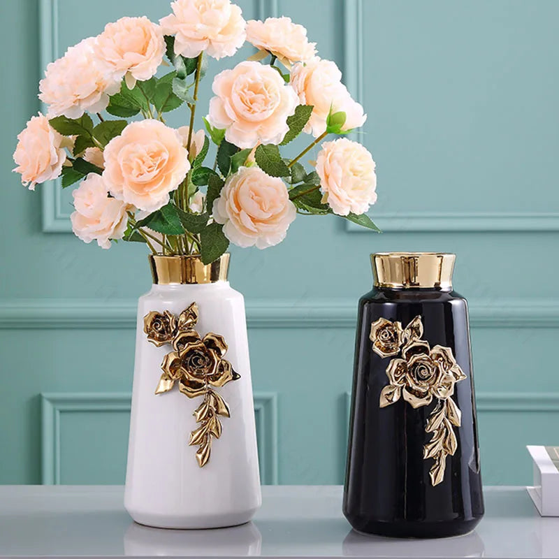 Nordic Gold Flower Relief Ceramic Vase Ornaments Light Luxury Ikebana Dried Flower Vases Modern Decor Living Room Decoration