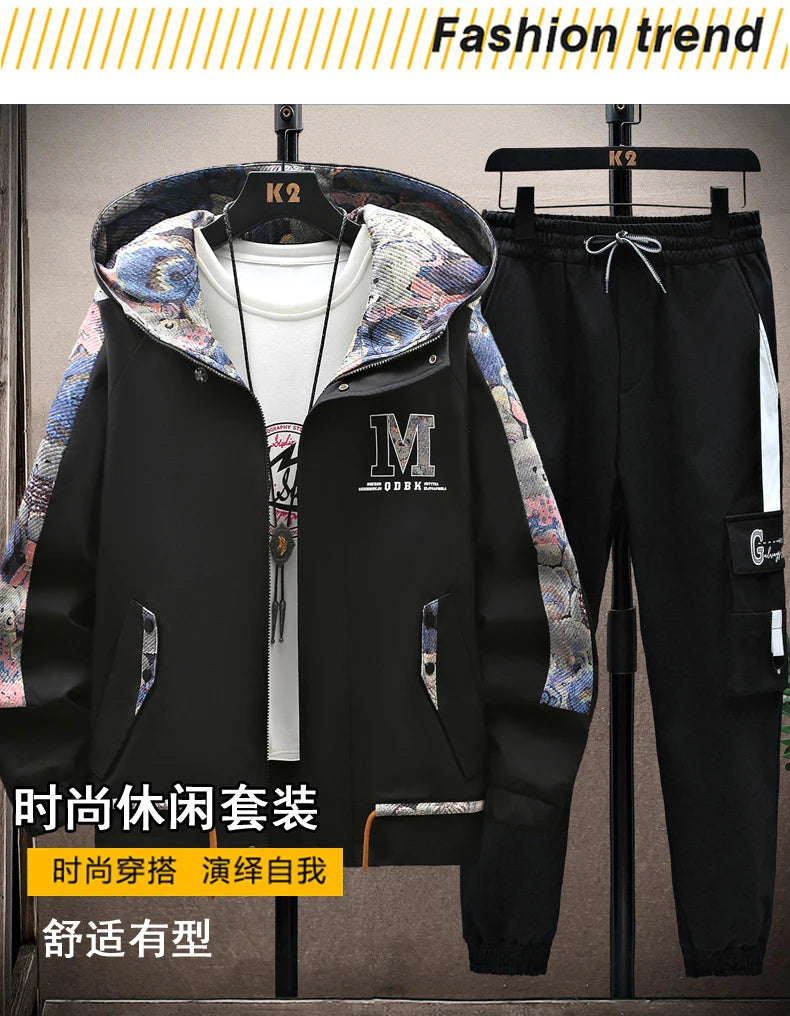 Spring Autumn Men Tracksuit Casual Joggers Hooded Sportswear Jackets Pants 2 Piece Sets Hip Hop Print Sports Suit