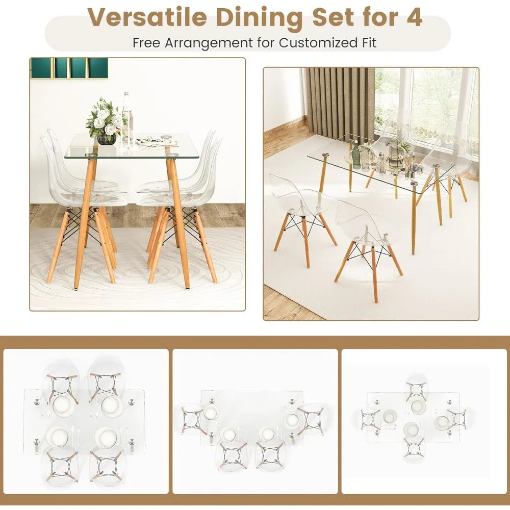 Glass Dining Table Set for 4, Modern Tempered Glass Kitchen Table and Chairs, Glass Dining Room Table Set for Small Living Room