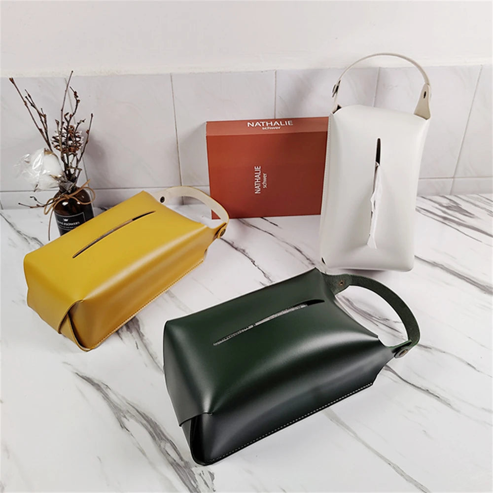 Soft Leather Storage Tissue Box Wall-Mounted Punch-Free Car Paper Box Home Living Room Light Luxury Cosmetics Storage Box 2024