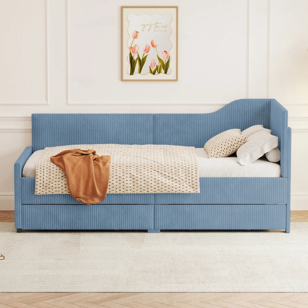 Twin Size Beds, L-Shaped Corduroy Daybed, Upholstered Bed Frame with 2 Storage Drawers, Beds for the Bedroom or Living Room