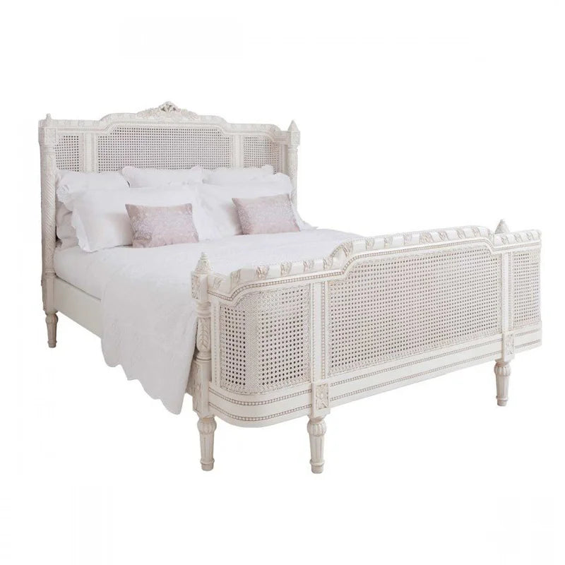 Antique white rattan bed bedroom furniture retro solid wood double bed