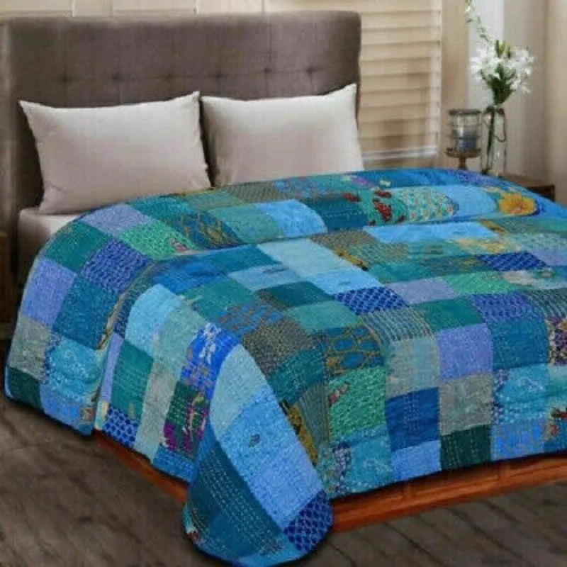 Blue Patchwork Quilt Handmade Kantha Vintage Throw Cotton Bedspread Blanket