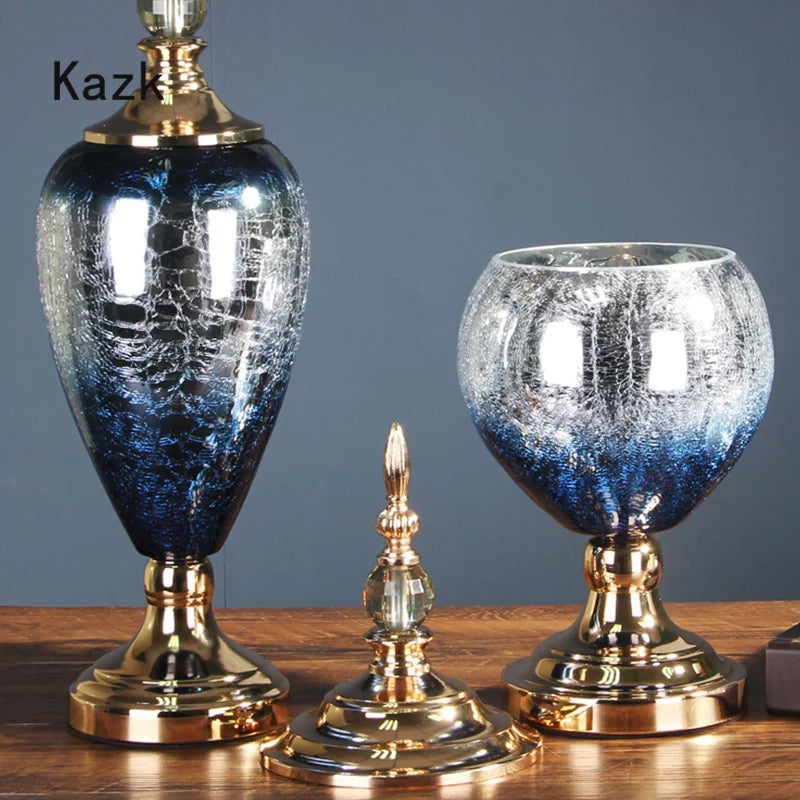 European Style Crystal Glass Vase Light Luxury Modern Crack Texture Ikebana Decorative Storage Jar Crafts Living Room Decoration