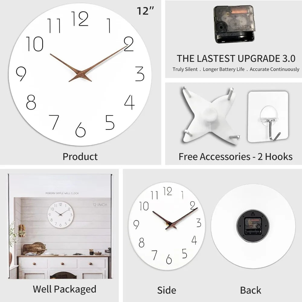 Wall Clock 12 Inch Silent Non Ticking Wood Wall Clocks Battery Operated Wooden White Modern Simple Minimalist Hanging Wall Clock