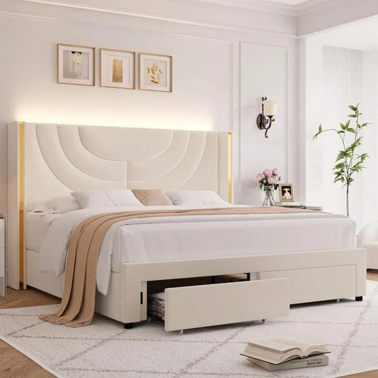 LED Queen Bed Frame with 2 Storage Drawers, Solid Wooden Slats Support, No Box Spring Needed