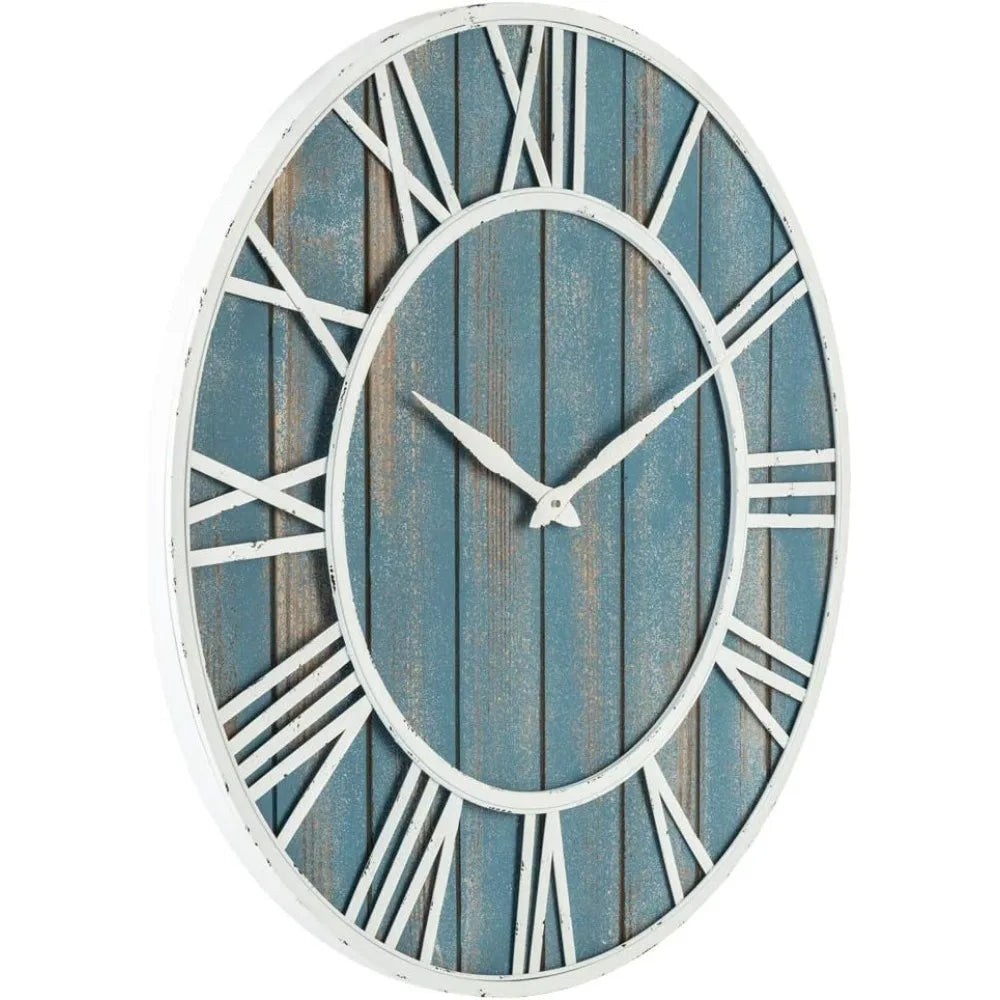 36" Coastal Wall Clock - Metal & Solid Wood Noiseless Weathered Beach Blue Decor Living Room Moving Gears Wall Clock