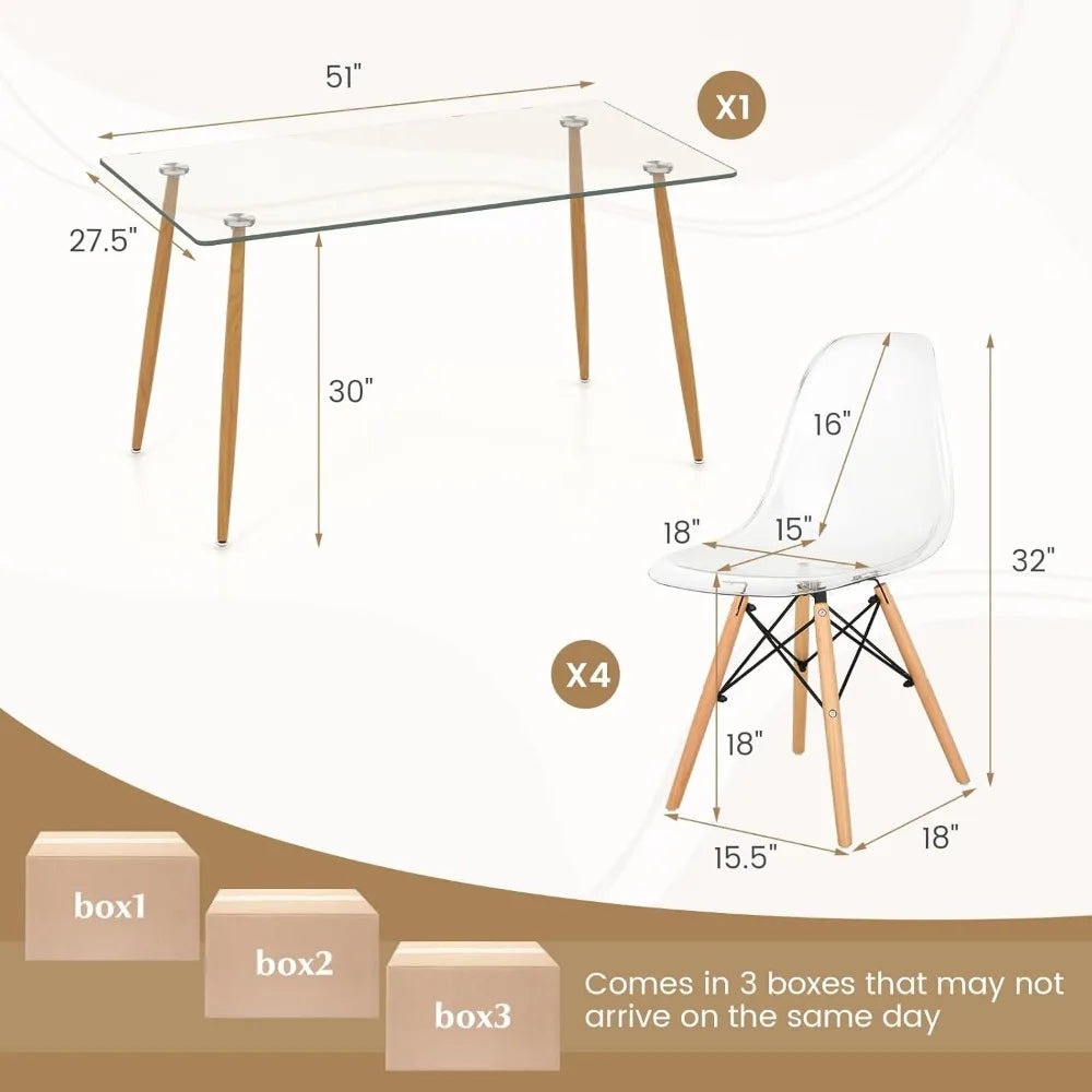 Glass Dining Table Set for 4, Modern Tempered Glass Kitchen Table and Chairs, Glass Dining Room Table Set for Small Living Room