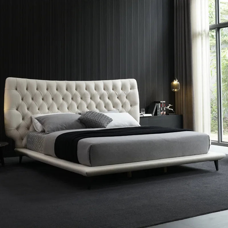 Simple modern leather bed, double bedroom, big bed, hotel villa, wedding room, luxury bed, buckle bedside