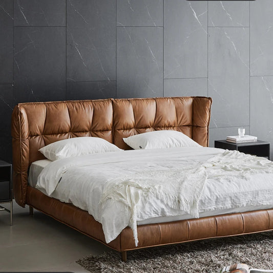 Luxury modern full leather bed, master bedroom, king bed, high-end grand double bed, simple pull point design, leather bed