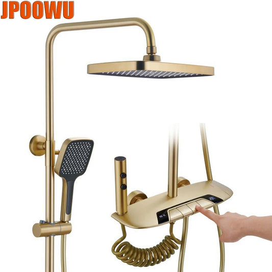 Luxury Brush Gold Bath Shower Faucet Bathroom Hot Cold Thermostatic Mixer Shower System Set Bathtub SPA Rainfall LED Digital Tap