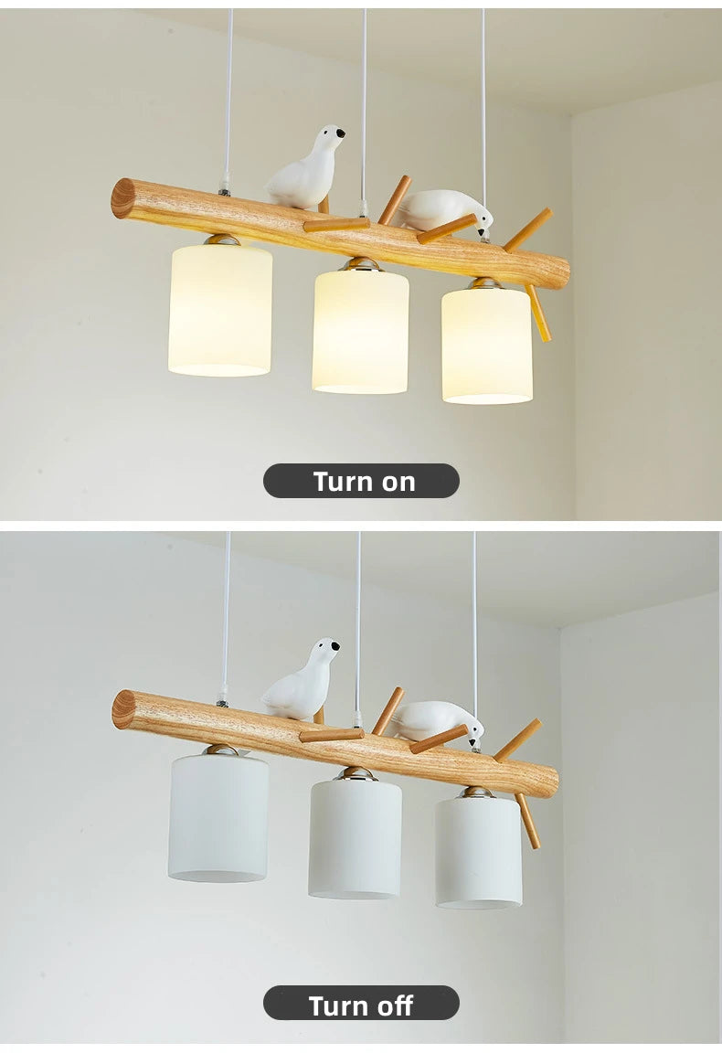 New Nordic Minimalist Solid Wood Chandelier Kitchen Dining Room Hanging Light Indoor Decorative Branche And Birds Led Chandelier