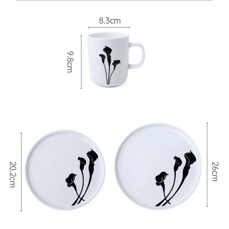 Ceramic Dinner Plates and Mug Set, Creative Flower Dinnerware, Black and White, Modern Dinnerware