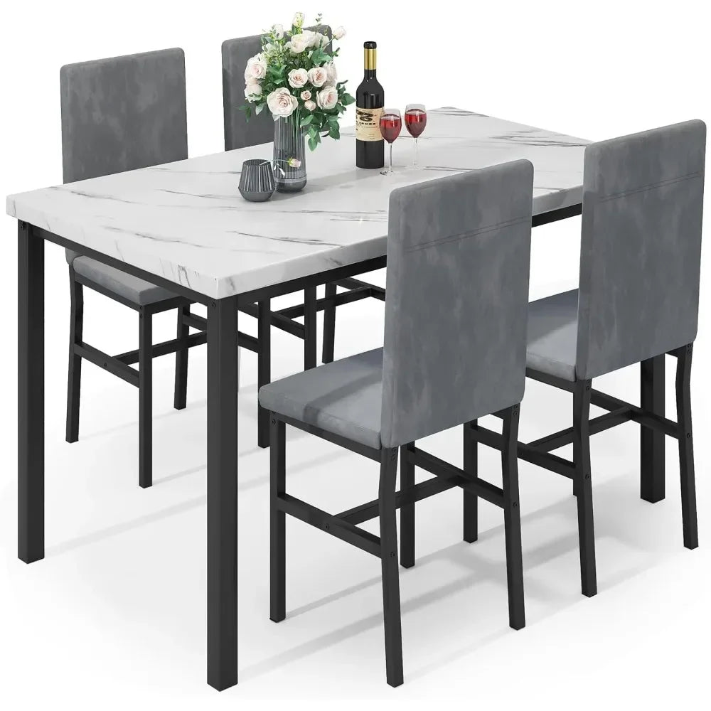 Dining Table Set for 4, Modern Kitchen Table and Chairs Space Saving  with Faux Marble 5 Piece Dining Room Table Set Furniture