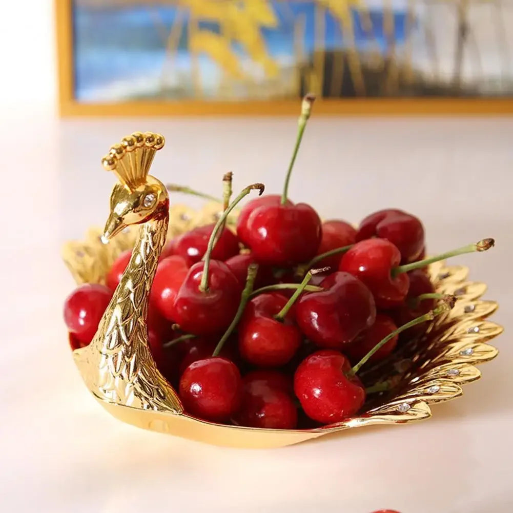 Pretty Gold Peacock Fruit Plate Luxury Zinc Alloy Tray Delicate Storage Plate for Candy Trinket Jewelry Snack Serving Home Decor