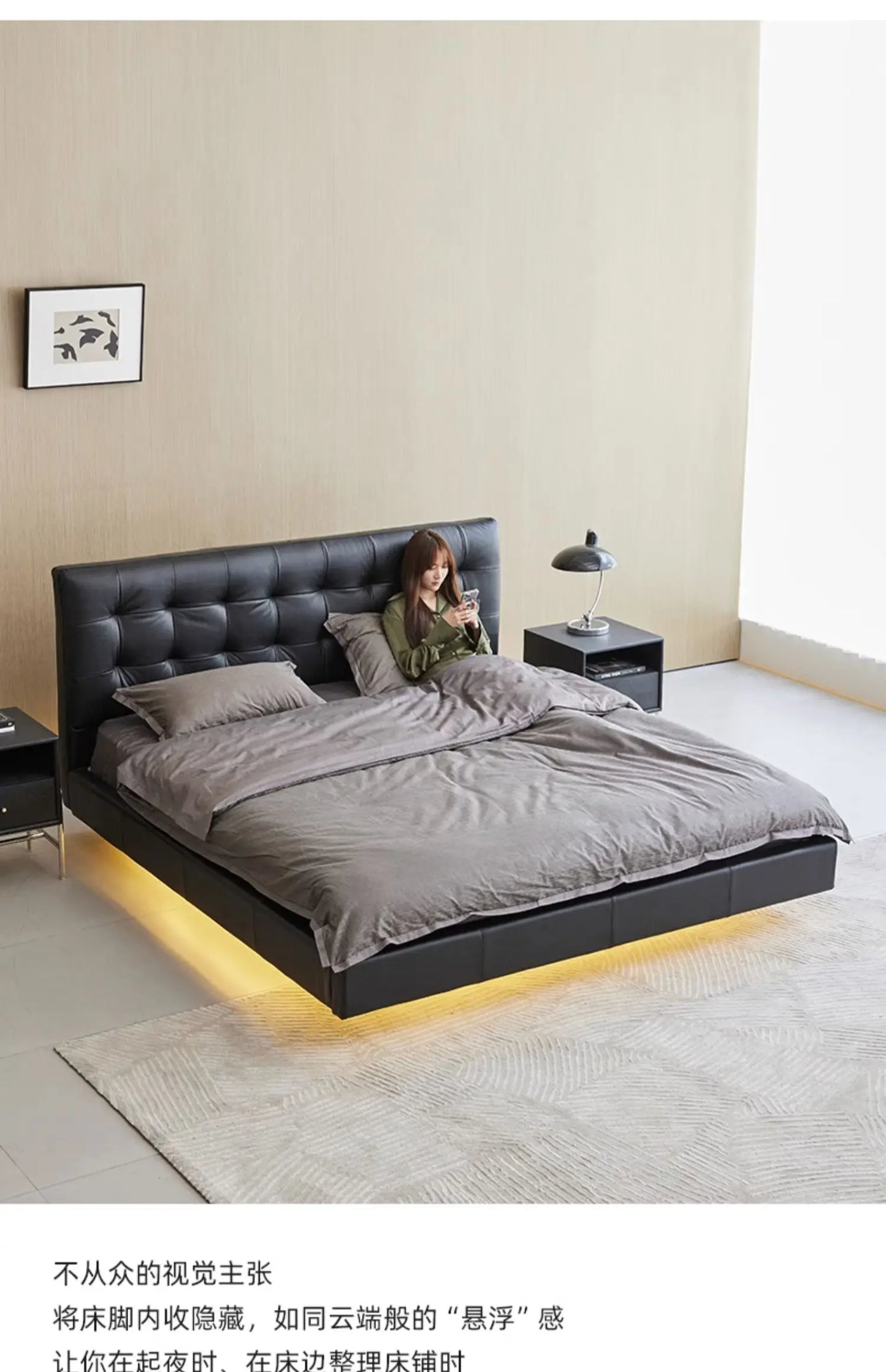 Genuine leather bed, home bedroom, master bedroom, high-end grand leather bed, modern and simple cowhide double suspended bed