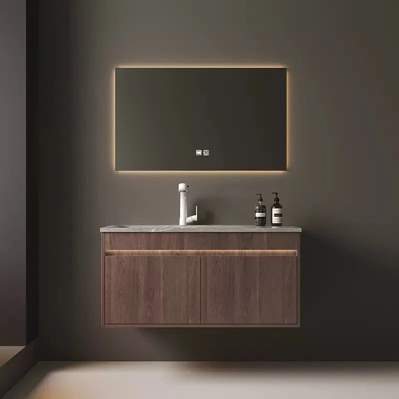 Light Luxury Bathroom Cabinets Rock Slab Integrated Washbasin Modern Solid Wood Bathroom Sink Cabinet Vanity Bathroom Furniture