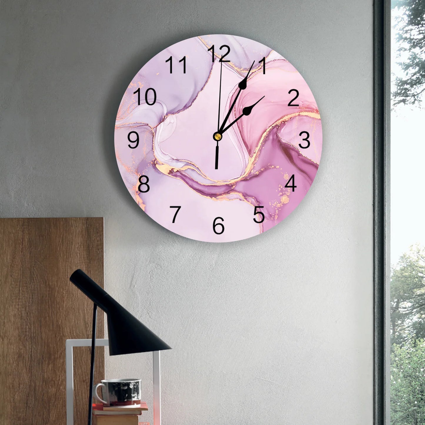 Marble Gradient Pink Clock Living Room Home Decor Large Round Wall Clock Mute Quartz Table Clock Bedroom Decoration Wall Watch