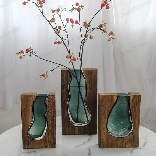 Nordic Creative New Solid Wood Transparent Glass Vase Home Design Decoration Hotel Decoration Vases تحف كبيره للمنزل  فازات