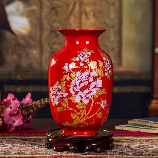 Luxury Chinese Antique Porcelain Cloisonne Vase Ornaments Home Decoration Crafts Ancient Palace Red Ceramic Vase Figurines Decor