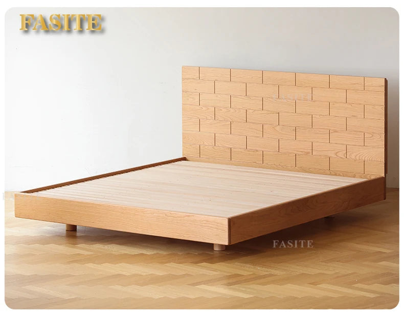 Solid wood tatami suspended bed, Nordic large slab, large material, cherry wood master bedroom art