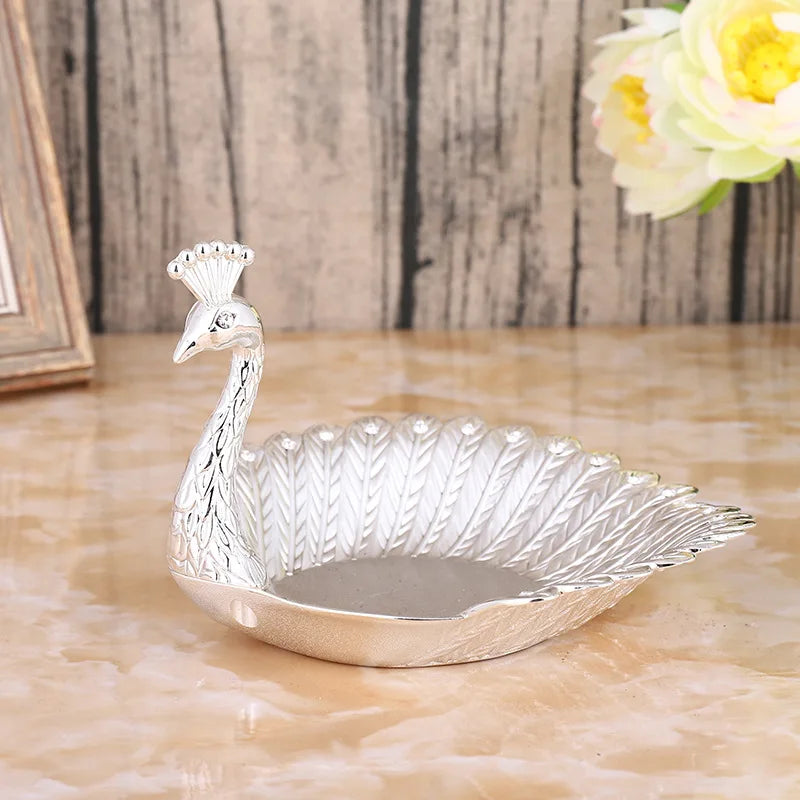 Pretty Gold Peacock Fruit Plate Luxury Zinc Alloy Tray Delicate Storage Plate for Candy Trinket Jewelry Snack Serving Home Decor