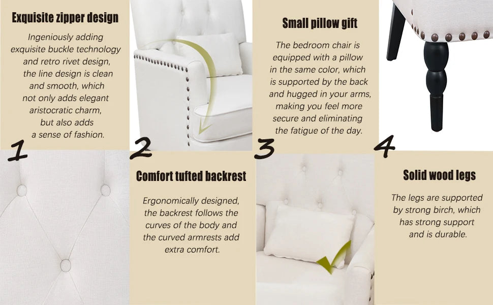 GERICCO Accent Chair for Living Room Comfy Club Chair with Pillow Lazy Sofa Button Tufted Rivet Armchair Luxury Nordic Furniture