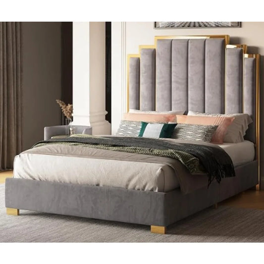 Queen Size Bed Frame, 61.4" Velvet Upholstered Beds with Gold Trim Headboard/No Box Spring Needed, Queen Size Bed Frame