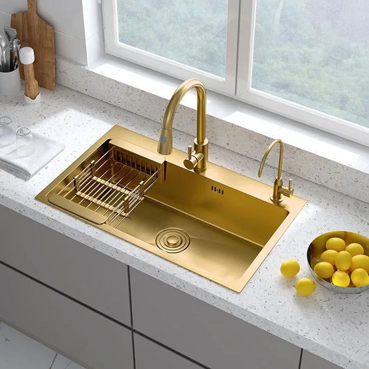 Gold Kitchen Sink Above Counter or Undermount 304 Stainless Steel Single Bowl Goldn Basket Drainer Soap Dispenser Washing Basin