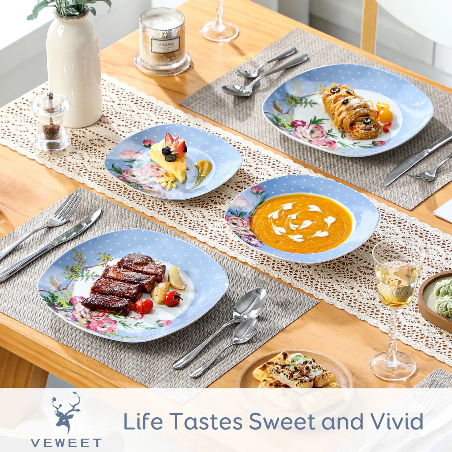 VEWEET Hannah Series 18/36 Piece Porcelain Ceramic Kitchen Tableware Dishes Plate Set with Dinner,Dessert,Soup Plate For 6/12