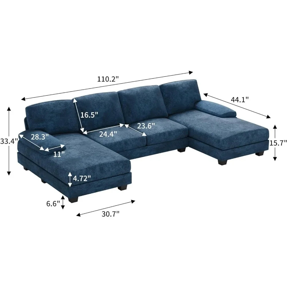 Convertible Sectional Sofa Couch,Fabric Modular Sofa Sleeper Chaise Memory Foam Blue 4 Seat Sofa Set for Living Room U-Shaped